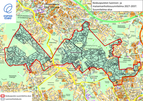 Espoon Keskuspuiston luonnon- ja maisemanhoitosuunnitelman suunnitelma-alue.
