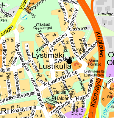 Opaskarttakuva havainnollistaa hankkeen alueen, joka on Lystimäenpuistossa.