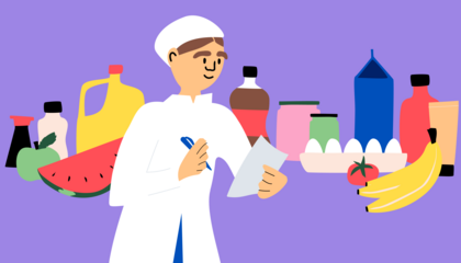 En illustration av en person med en vit rock och ett hårnät som håller i en penna. I bakgrunden finns livsmedel, såsom frukt och burkar.