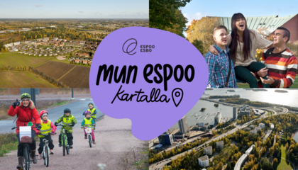 Neljän kuvan kollaasissa ihmisiä kaupunkiympäristössä ja ilmakuvia espoolaisista maisemista. Keskellä Espoon logo ja teksti Mun Espoo kartalla.