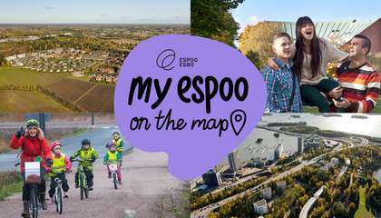 A four-picture collage of people in an urban environment and aerial views of Espoo’s landscapes. The centre features the Espoo logo and the text “My Espoo on the Map”.