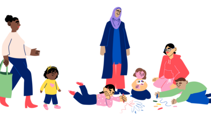 Illustration med vuxna och barn på ett daghem.