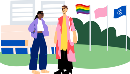 Kaksi nuorta kaupunkimaisemassa, taustalla pride-lippu.