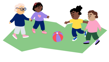 En illustration med barn som spelar fotboll.