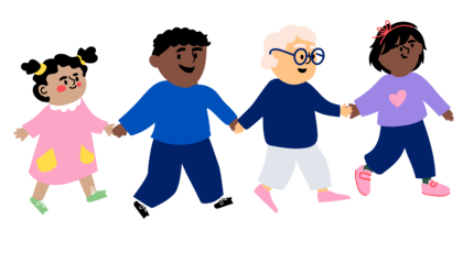 Four children are running hand in hand.