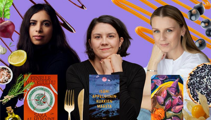 Kuvassa kirjailijavieraat ja heidän teoksensa.