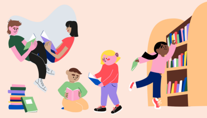 Eri ikäisiä piirroshahmolapsia lukemassa kirjoja.