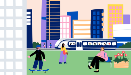 A photo of a cityscape showing a train, a skateboarder, a walker, and a person sitting on a bench.
